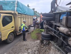 Diduga Mengantuk, Sopir Mobil Truck Hino Tabrak Parit dan Terbalik